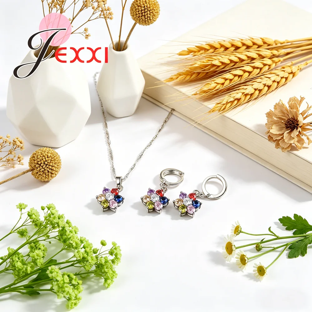 New Shinning Candy Color Crystal Cubic Zircon 925 Sterling Silver Chain Necklace Dangle Flower Earrings Jewelry Sets
New Shinning Candy Color Crystal Cubic Zircon 925 Sterling Silver Chain Necklace Dangle Flower Earrings Jewelry Sets