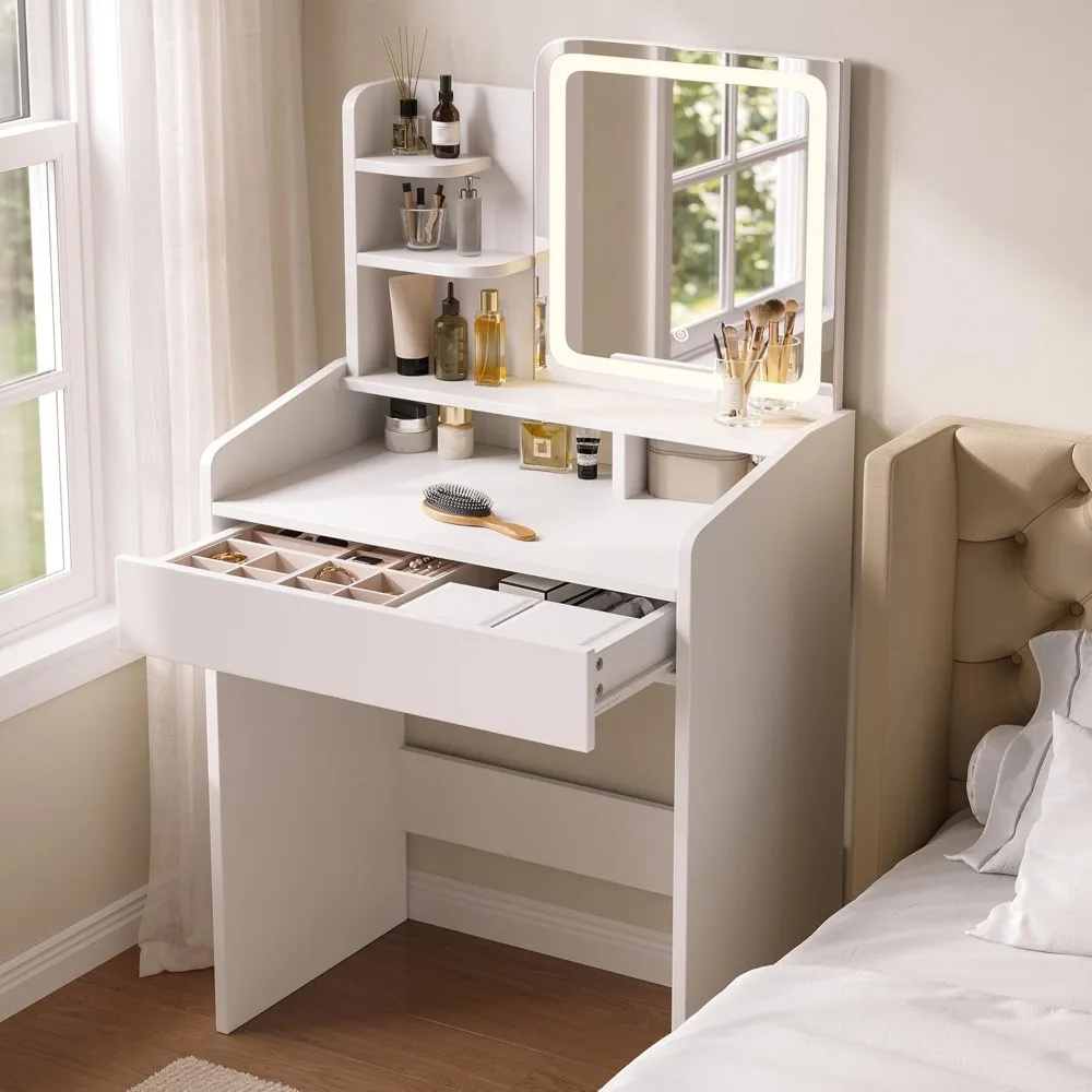 Small Makeup Vanity Desk w/ Mirror & Lights - 3 Lighting Modes, Drawer & Storage Shelves
Small Makeup Vanity Desk w/ Mirror & Lights - 3 Lighting Modes, Drawer & Storage Shelves