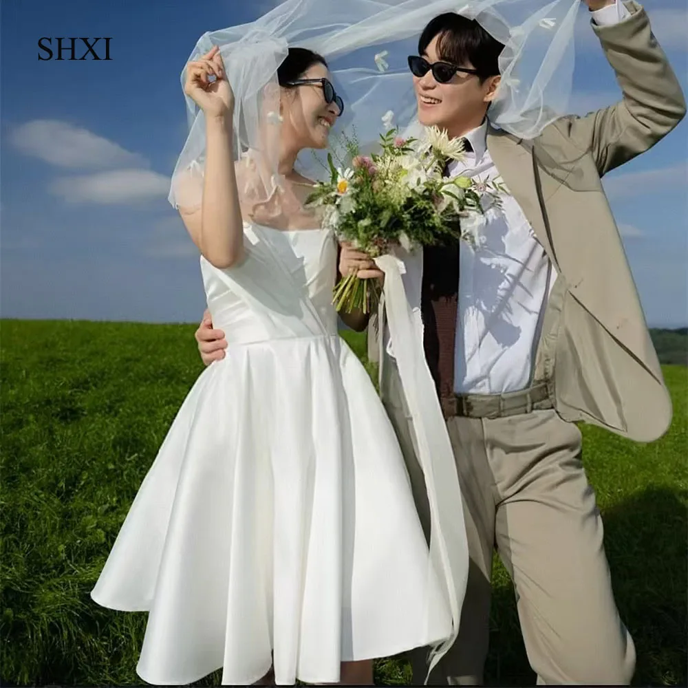 SHXI Simple A Line Short Korea Wedding Dresses Knee Length Photo Shoot Dress Customized Draped Satin Bridal Reception Party Gown
SHXI Simple A Line Short Korea Wedding Dresses Knee Length Photo Shoot Dress Customized Draped Satin Bridal Reception Party Gown