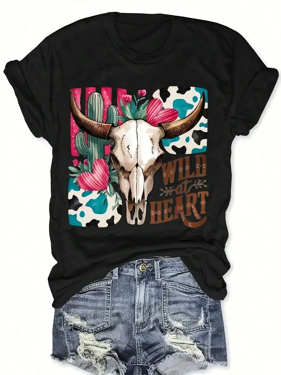 Black Graphic Tee With Bull Skull Cactus Heart Print Bohemian Western Style Casual Short Sleeve
Black Graphic Tee With Bull Skull Cactus Heart Print Bohemian Western Style Casual Short Sleeve