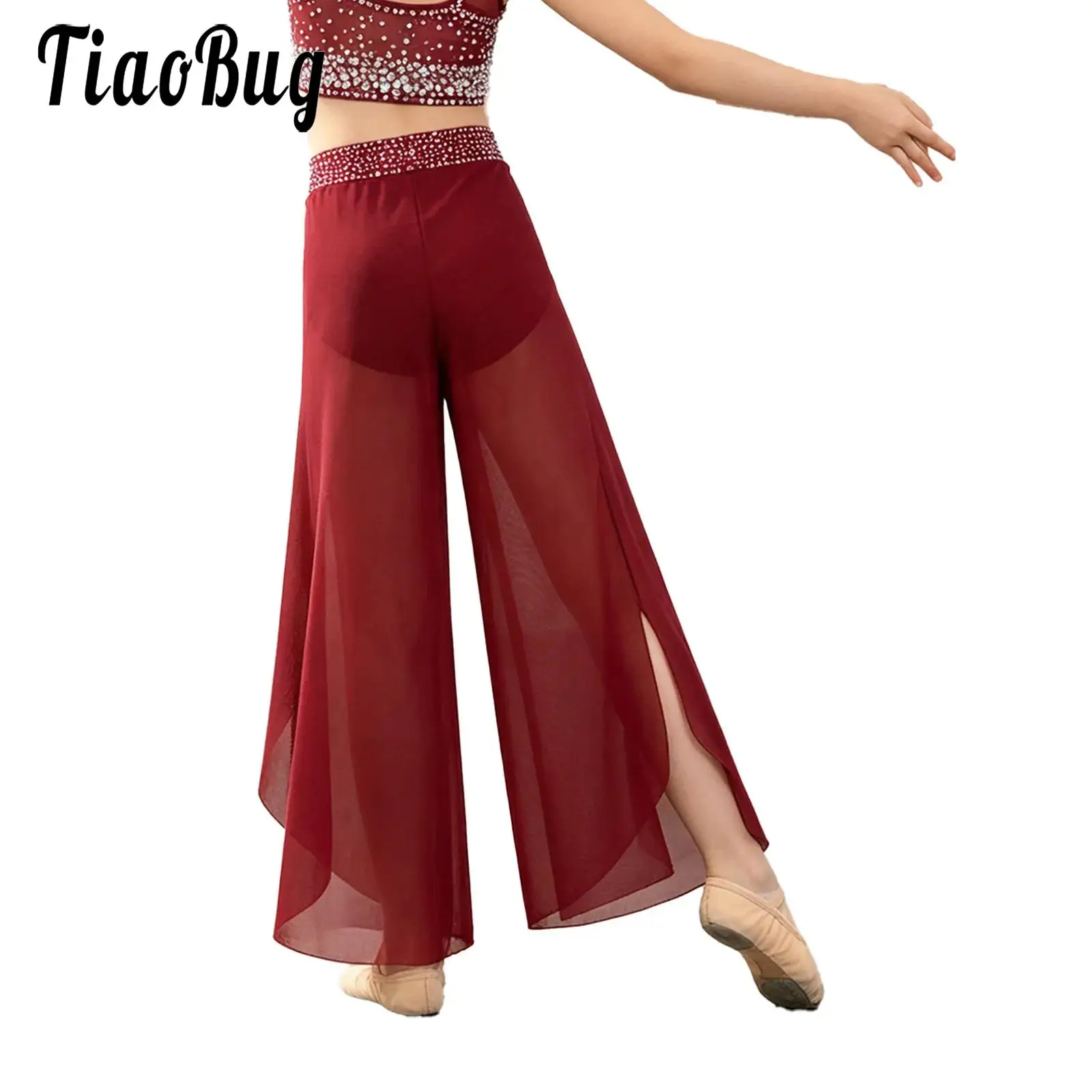 Kids Girls Lyrical Dance Costume Sheer Mesh Pants Rhinestones Waistband Side Split Pants for Figure Skating Ballet Performance
Kids Girls Lyrical Dance Costume Sheer Mesh Pants Rhinestones Waistband Side Split Pants for Figure Skating Ballet Performance