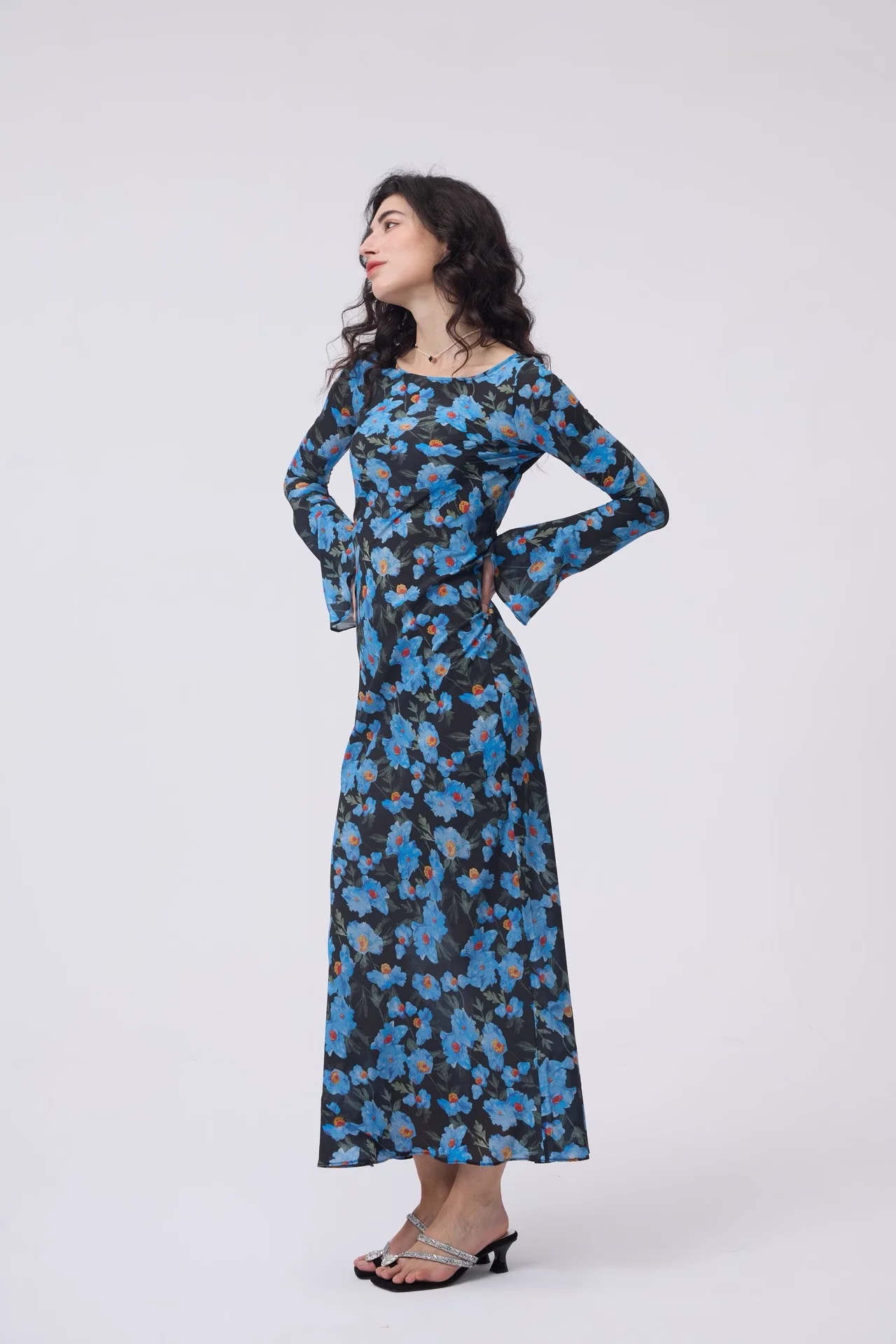 2025 New Women Blue Flower Print Long Dress Flare Sleeve Round Neck Elegant Ladies 100% Silk Robe
2025 New Women Blue Flower Print Long Dress Flare Sleeve Round Neck Elegant Ladies 100% Silk Robe