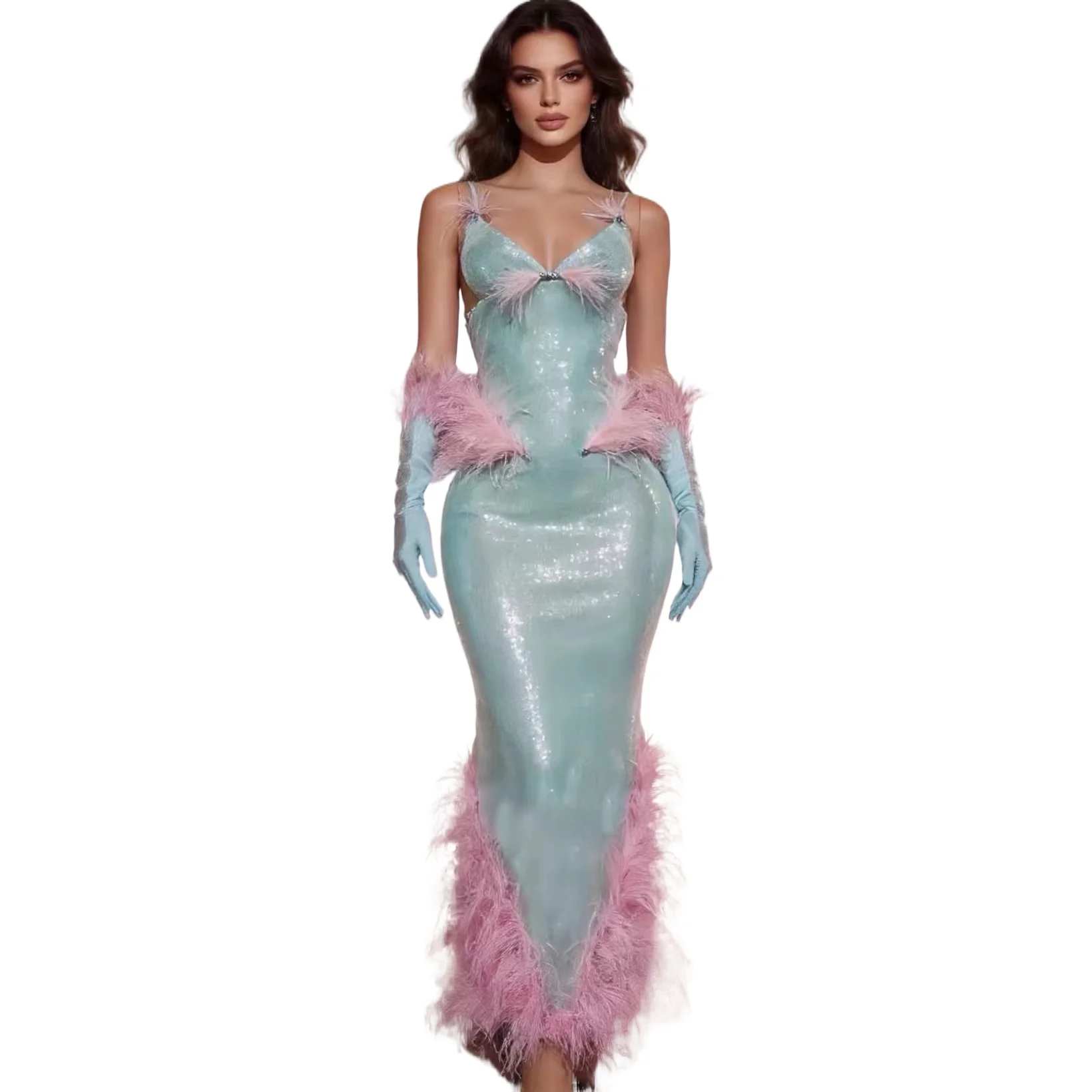 Sexy Suspender Backless Ostrich Feathers Long Dress Gloves for Women Evening Prom Celebrate Birthday Dress Photo Shoot Wear
Sexy Suspender Backless Ostrich Feathers Long Dress Gloves for Women Evening Prom Celebrate Birthday Dress Photo Shoot Wear