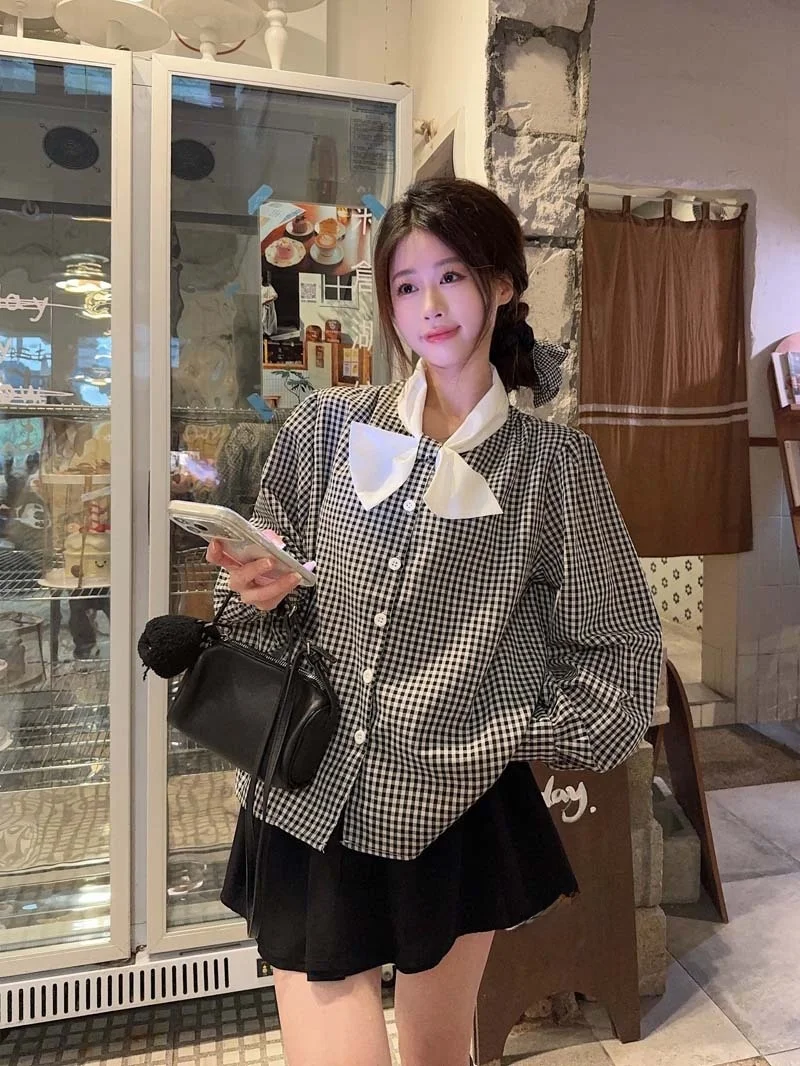 Kumikumi Vintage Color Block Plaid Bow Tie Long Sleeve Casual Women's Shirt Slimming Summer Top Versatile Fashionable
Kumikumi Vintage Color Block Plaid Bow Tie Long Sleeve Casual Women's Shirt Slimming Summer Top Versatile Fashionable
