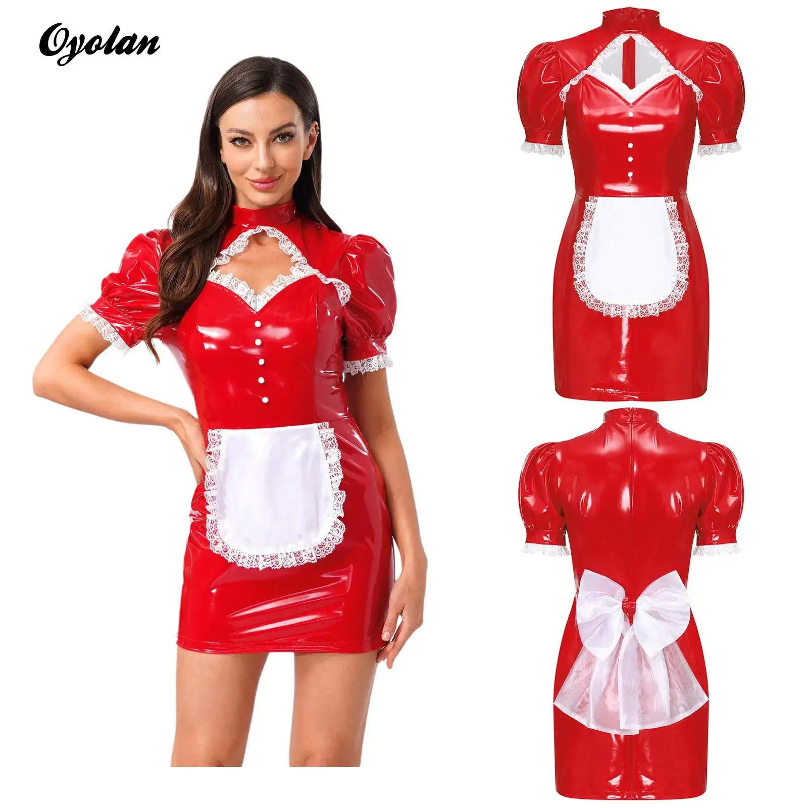 Womens Glossy French Maid Halloween Cosplay Costume Patent Leather Hollow Out Lace Trim Apron Glossy PU Bodycon Latex Maid Dress
Womens Glossy French Maid Halloween Cosplay Costume Patent Leather Hollow Out Lace Trim Apron Glossy PU Bodycon Latex Maid Dress