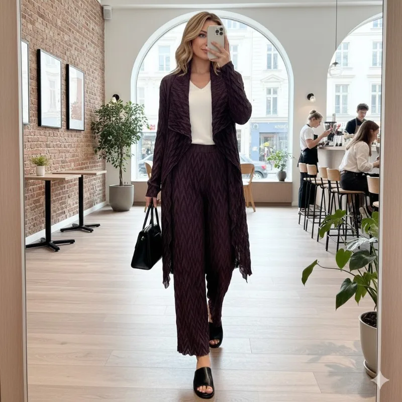 Miyake плиссированный брючный костюм с геометрическим узором, женский костюм 2026, весенне-осенняя длинная куртка, широкие брюки, тонкая одежда для пожилых людей
Miyake плиссированный брючный костюм с геометрическим узором, женский костюм 2026, весенне-осенняя длинная куртка, широкие брюки, тонкая одежда для пожилых людей