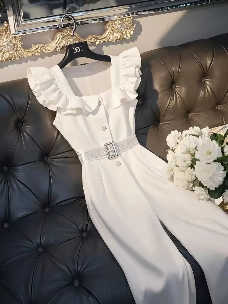 French White Ruffles Single Breasted Jumpsuit Women Elegant Office Lady Jumpsuits Woman Sleeveless Wide Leg Pants Summer 2025
French White Ruffles Single Breasted Jumpsuit Women Elegant Office Lady Jumpsuits Woman Sleeveless Wide Leg Pants Summer 2025