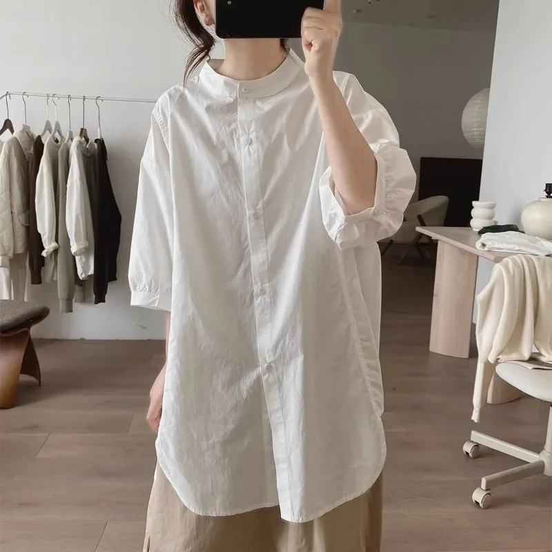 Women Cotton Minimalist Stand Collar Mid Length Shirt Loose Casual Half Sleeve Split Hem Blouse
Women Cotton Minimalist Stand Collar Mid Length Shirt Loose Casual Half Sleeve Split Hem Blouse
