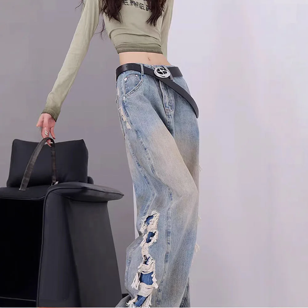 Американские винтажные потертые и потертые джинсы с боковым отверстием для девочек, уличная мода, широкие рваные джинсовые брюки
Американские винтажные потертые и потертые джинсы с боковым отверстием для девочек, уличная мода, широкие рваные джинсовые брюки