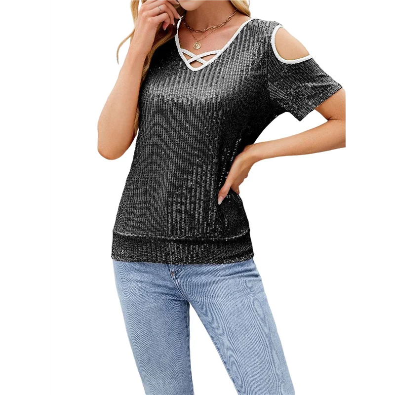 A83F-Женская блестящая рубашка, вечерние топы, блестящие блузки с открытыми плечами и v-образным вырезом, вечерние клубные наряды, черный M 
A83F-Женская блестящая рубашка, вечерние топы, блестящие блузки с открытыми плечами и v-образным вырезом, вечерние клубные наряды, черный M