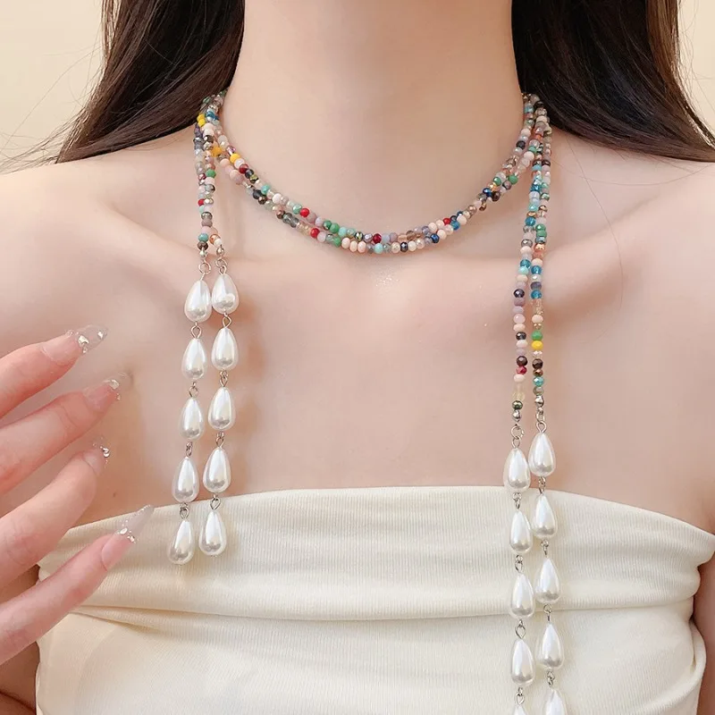 Minar Bohemia Rainbow Glass Beads Water Drop Simulated Pearl Double Layered Beaded Necklace for Women Long Strand Sweater Chain
Minar Bohemia Rainbow Glass Beads Water Drop Simulated Pearl Double Layered Beaded Necklace for Women Long Strand Sweater Chain