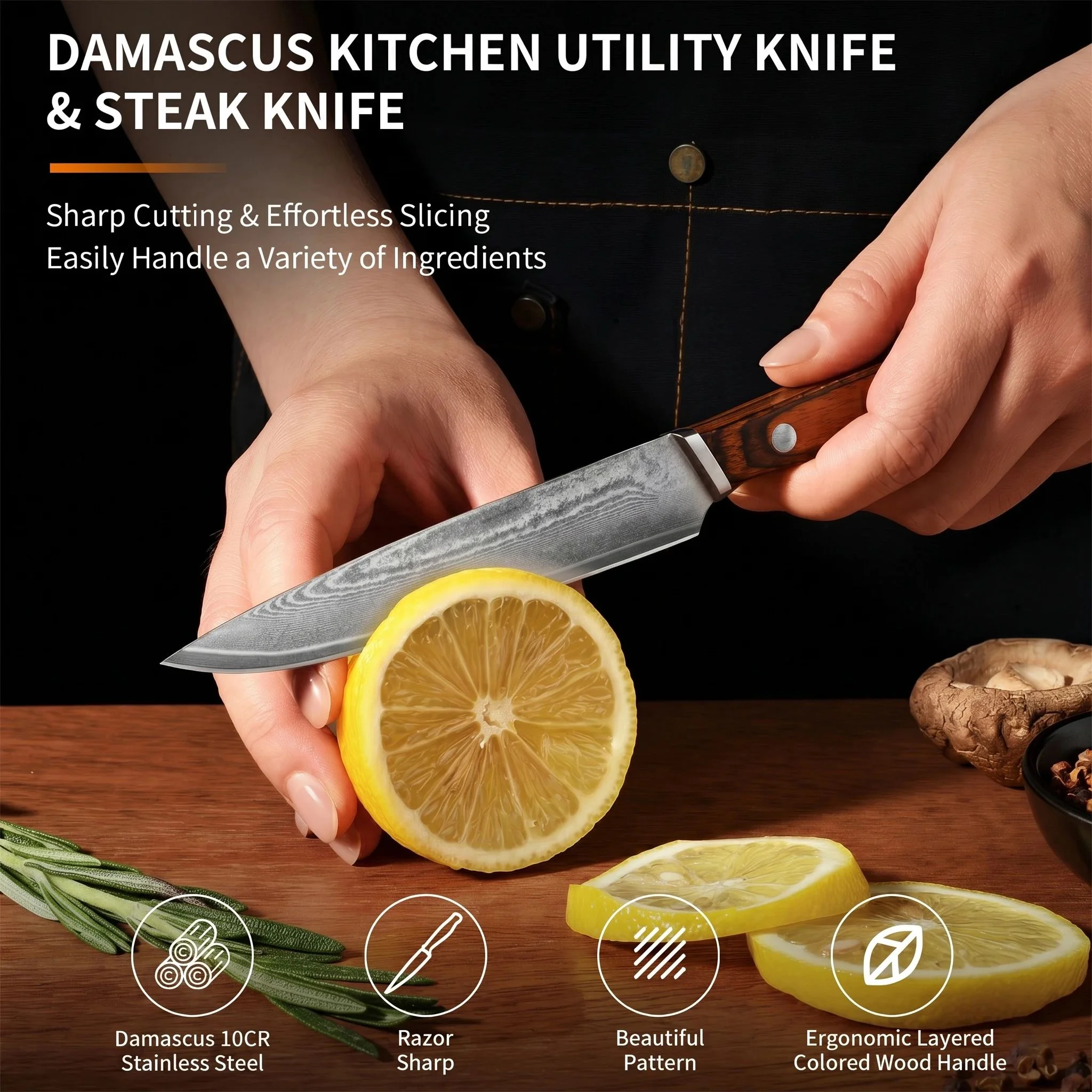 Damascus pattern straight knife, 10Cr stainless steel kitchen knife, kitchen sharp slicing knife with wooden handle and sheath
Damascus pattern straight knife, 10Cr stainless steel kitchen knife, kitchen sharp slicing knife with wooden handle and sheath