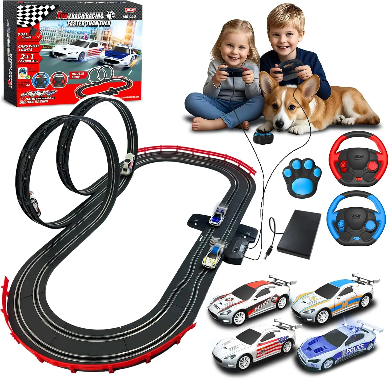 Slot Car Race Track Set, High Speed Series Tram Dual Track Set with 4 Licensed Racing Slot Cars, 2 Hand Controls, Track Parts
Slot Car Race Track Set, High Speed Series Tram Dual Track Set with 4 Licensed Racing Slot Cars, 2 Hand Controls, Track Parts