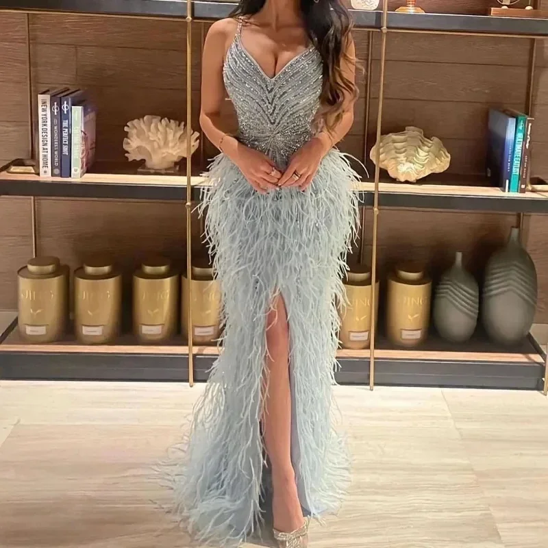 Deep V Neck Prom Dresses Mermaid Plus size Formal Women Open Leg Party Dresses Feathers Beading Evening Dresses
Deep V Neck Prom Dresses Mermaid Plus size Formal Women Open Leg Party Dresses Feathers Beading Evening Dresses