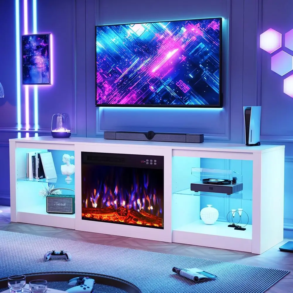 70 Electric Fireplace TV Stand with LED Lights, Glass Shelves, Remote Control, White
70 Electric Fireplace TV Stand with LED Lights, Glass Shelves, Remote Control, White