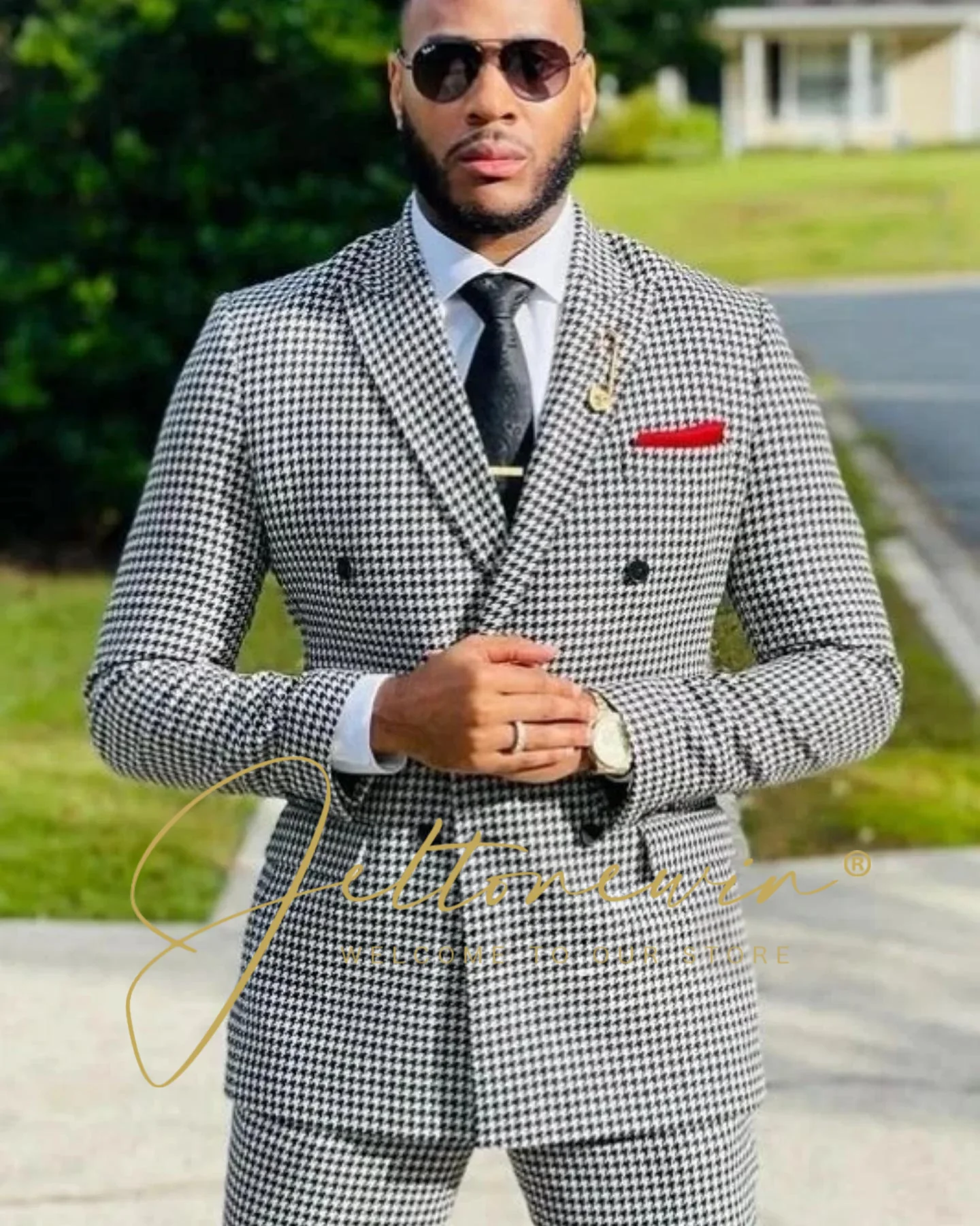 Formal Men Suits Houndstooth Classical 2piece Sets Double Breasted Jacket Pants Business Wedding Groom Party Tuxedos Customized
Formal Men Suits Houndstooth Classical 2piece Sets Double Breasted Jacket Pants Business Wedding Groom Party Tuxedos Customized