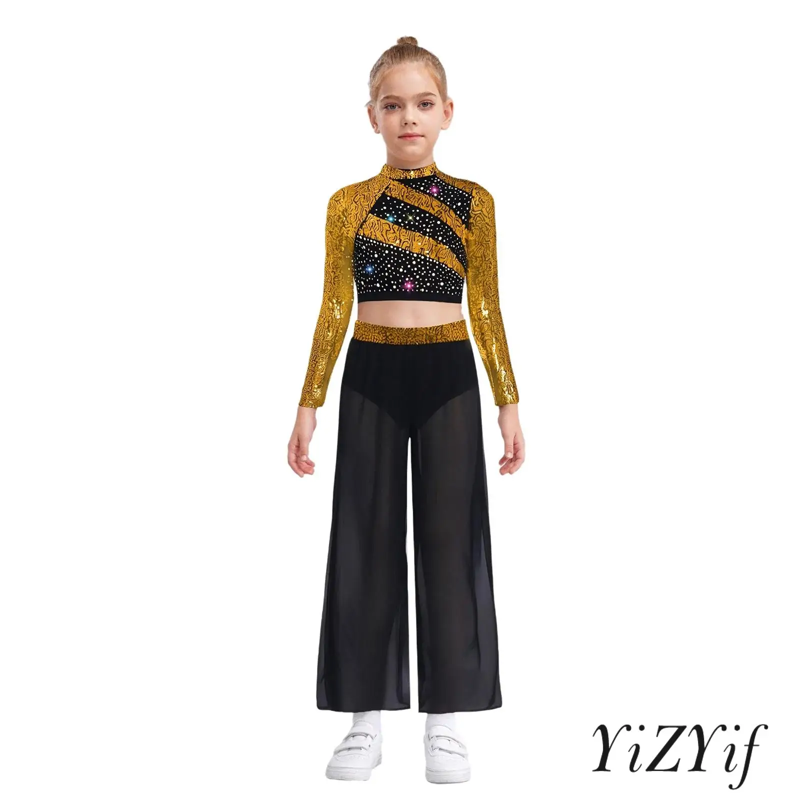 Girls Jazz Dance Costume Long-Sleeved Sequins Cutout Back Crop Top with Flowing Chiffon Overlay Wide-Leg Side Slit Dance Pants
Girls Jazz Dance Costume Long-Sleeved Sequins Cutout Back Crop Top with Flowing Chiffon Overlay Wide-Leg Side Slit Dance Pants