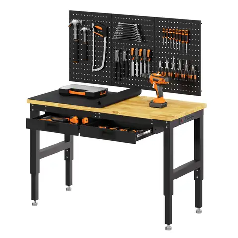 Heavy Duty Workbench 48 Inch Adjustable, 2500 Lbs Rubber Wood Tabletop Work Table With 2 Drawers And Pegboard, Power Outlets, For Workshop Office Garage