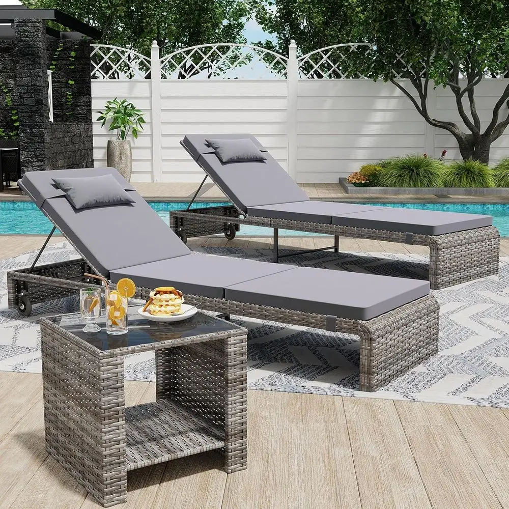 3-Piece Outdoor Patio Chaise Lounge Set with Adjustable Side Table & Backrest, Durable PE Wicker, Weather-Resistant Cushions, Gr
3-Piece Outdoor Patio Chaise Lounge Set with Adjustable Side Table & Backrest, Durable PE Wicker, Weather-Resistant Cushions, Gr