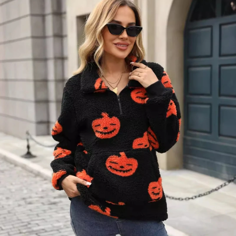 Lapel Faux Fur Coat Pumpkin Print Black Short Furry Jacket Fluffy Pullover Halloween Casual Plush Coat Faux Lamb Warm Street Zip
Lapel Faux Fur Coat Pumpkin Print Black Short Furry Jacket Fluffy Pullover Halloween Casual Plush Coat Faux Lamb Warm Street Zip