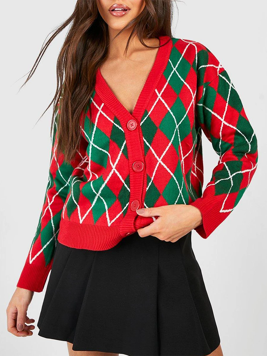 Women's Christmas Sweater Cardigan Retro Argyle Knitted Long Sleeve V Neck Button Up Rhombic Print Knitwear for Autumn Winter
Women's Christmas Sweater Cardigan Retro Argyle Knitted Long Sleeve V Neck Button Up Rhombic Print Knitwear for Autumn Winter