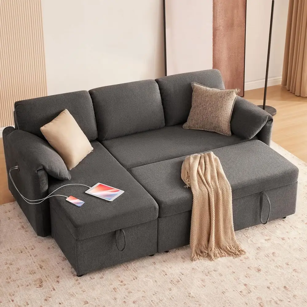 Диван-кровать 3-в-1 с USB, шезлонгом для хранения вещей и выдвижной кровать серого цвета для небольших жилых помещений
Диван-кровать 3-в-1 с USB, шезлонгом для хранения вещей и выдвижной кровать серого цвета для небольших жилых помещений