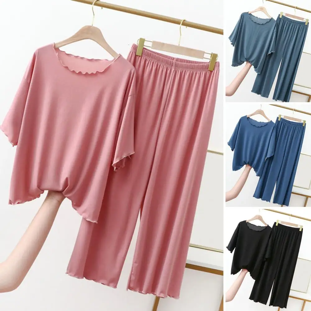 Solid Color Women Suit Set Stylish Women's Blouse Pants Set Comfortable Homewear Outfit with Wide Leg Trousers Elastic Waist
Solid Color Women Suit Set Stylish Women's Blouse Pants Set Comfortable Homewear Outfit with Wide Leg Trousers Elastic Waist