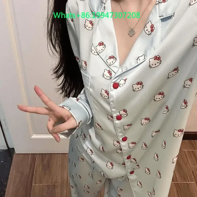 Spring and autumn new blue lapel cute cartoon Hello Kitty pajamas women's print sweet long-sleeved trousers loungewear
Spring and autumn new blue lapel cute cartoon Hello Kitty pajamas women's print sweet long-sleeved trousers loungewear