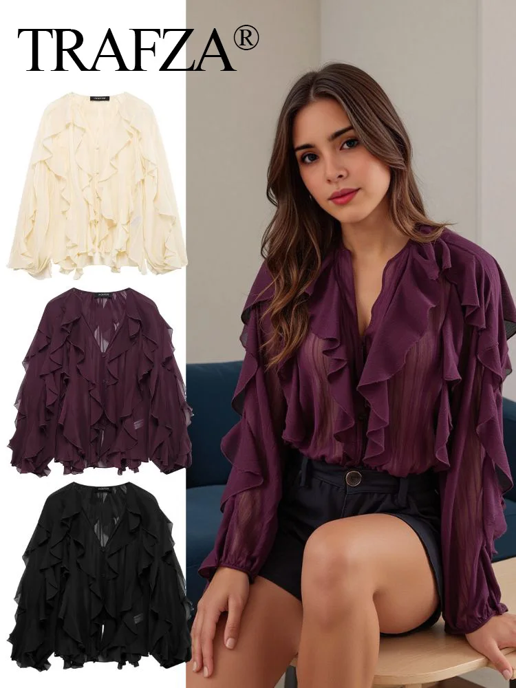 TRAFZA 2025 Women Elegant Solid Ruffles Blouse Spring Female V-Neck Long Sleeved Gauze Shirt Casual Hollow Out Lady Clothes
TRAFZA 2025 Women Elegant Solid Ruffles Blouse Spring Female V-Neck Long Sleeved Gauze Shirt Casual Hollow Out Lady Clothes