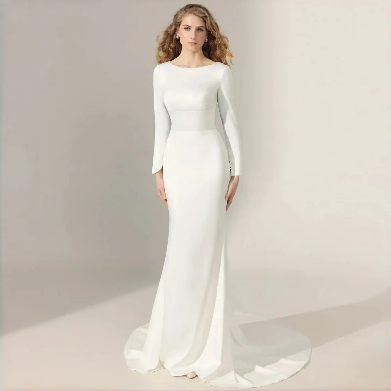 Modern Minimalist Bateau Neck Mermaid Wedding Dress Long Sleeves Button Cuff Court Train Bridal Gown With Cutouts Customized
Modern Minimalist Bateau Neck Mermaid Wedding Dress Long Sleeves Button Cuff Court Train Bridal Gown With Cutouts Customized