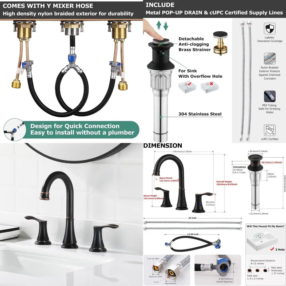8 Widespread Oil Rubbed Bronze Deck Mount High Arc Faucet with Metal Pop-Up Drain and cUPC Supply Lines, Model Demeter 13652
8 Widespread Oil Rubbed Bronze Deck Mount High Arc Faucet with Metal Pop-Up Drain and cUPC Supply Lines, Model Demeter 13652