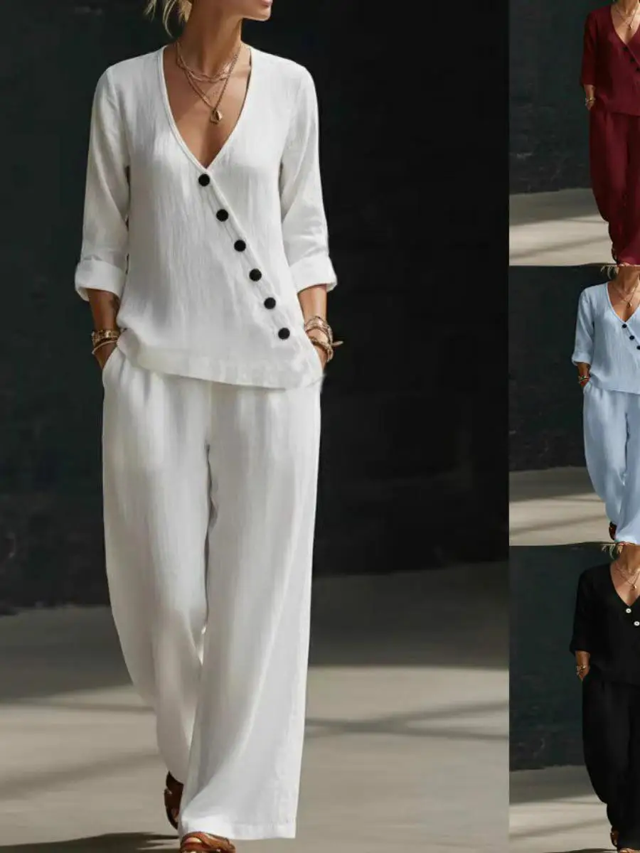 Elegant Cotton Linen V-neck Shirt Wide Leg Pants Two-piece Set Spring Summer New Arrival Women's Fashion Casual Wear
Elegant Cotton Linen V-neck Shirt Wide Leg Pants Two-piece Set Spring Summer New Arrival Women's Fashion Casual Wear
