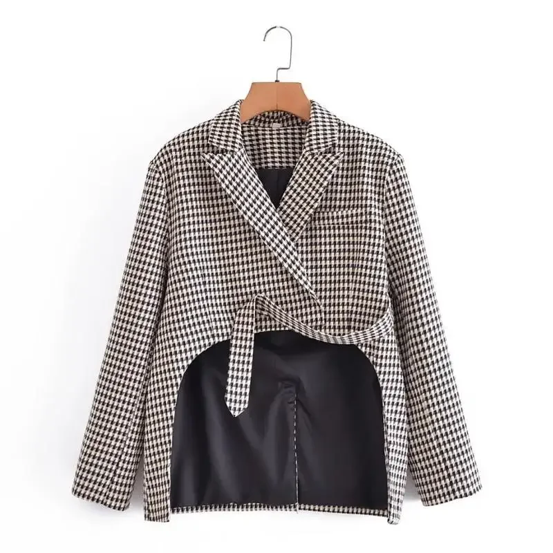 Spring Fashion Waist Lace-up Irregular Hem Houndstooth Plaid Suit Jacket Korean Notched Collar Long Sleeve Blazers Female Coat
Spring Fashion Waist Lace-up Irregular Hem Houndstooth Plaid Suit Jacket Korean Notched Collar Long Sleeve Blazers Female Coat