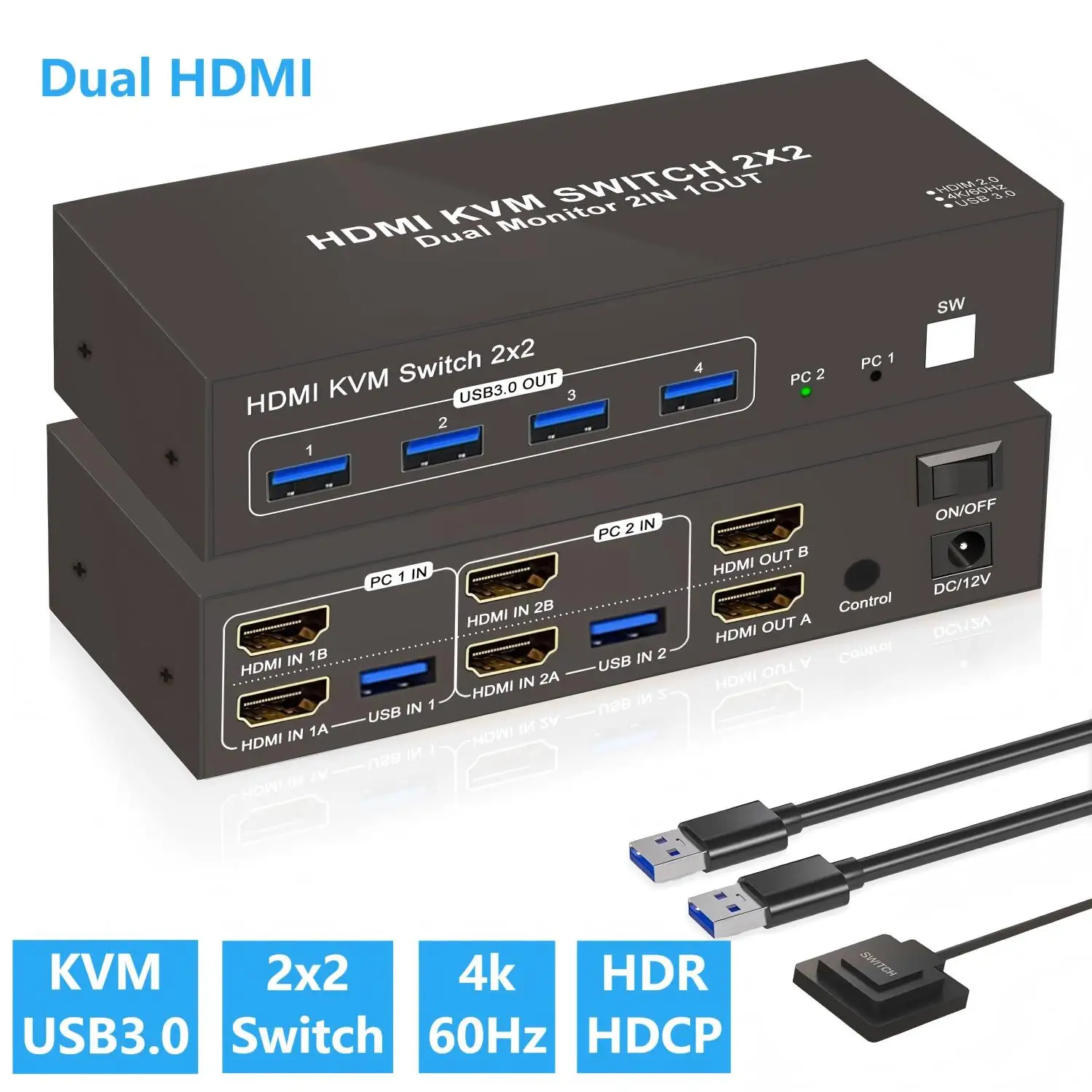 Двойной монитор HDMI DP KVM-переключатель 2 монитора 2 компьютера 4K при 60 Гц, USB3.0-переключатель 2 в 2, с 4 портами USB для Share Mouse Keyboard
Двойной монитор HDMI DP KVM-переключатель 2 монитора 2 компьютера 4K при 60 Гц, USB3.0-переключатель 2 в 2, с 4 портами USB для Share Mouse Keyboard