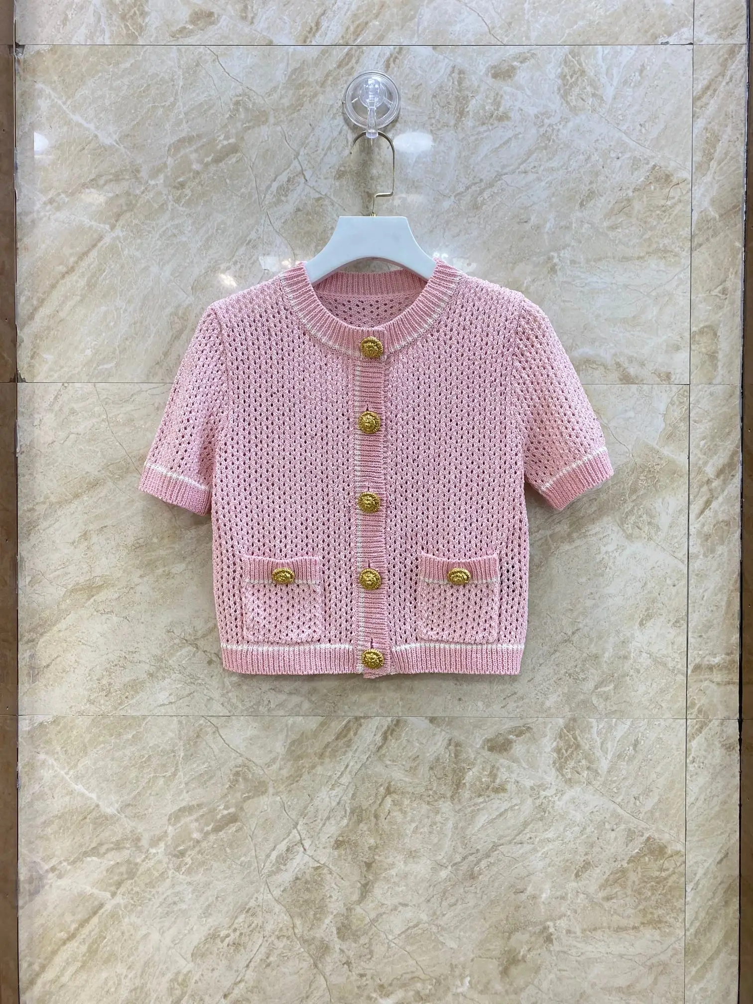Pink Knitted Hollow out Short Sleeve round Neck Small Open Cardigan Slimming High Quality Fashionable Versatile Women's Top
Pink Knitted Hollow out Short Sleeve round Neck Small Open Cardigan Slimming High Quality Fashionable Versatile Women's Top