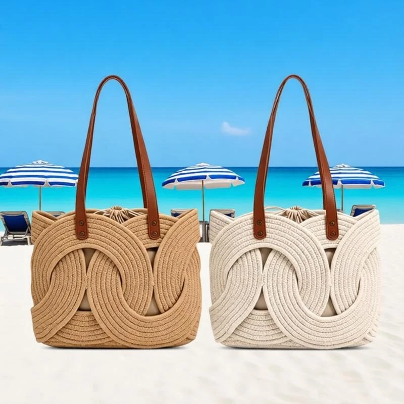 Retro Straw Weaving Handbag Simple Woven Tote Bag Beach Bucket Bag With Drawstring Inner Pocket Geometric Pattern Shoulder Bags
Retro Straw Weaving Handbag Simple Woven Tote Bag Beach Bucket Bag With Drawstring Inner Pocket Geometric Pattern Shoulder Bags