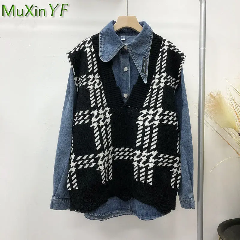 Women's Fashion Spring Autumn Denim Shirt Knit Vest Tops Set 2023 New Korean Lady Casual Chic Plaid Tank Sweater Blouse Outfits
Women's Fashion Spring Autumn Denim Shirt Knit Vest Tops Set 2023 New Korean Lady Casual Chic Plaid Tank Sweater Blouse Outfits