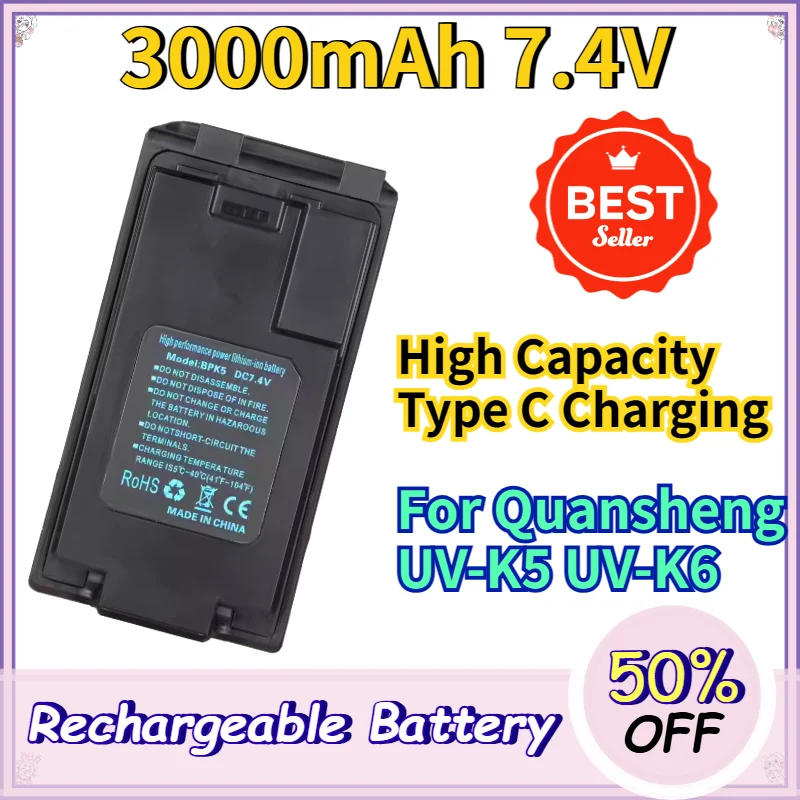 3000mAh 7.4V High Capacity Replacement Li ion Battery for Quansheng UV-K5 UV-K6 Walkie Talkie with Type C Charging Port
3000mAh 7.4V High Capacity Replacement Li ion Battery for Quansheng UV-K5 UV-K6 Walkie Talkie with Type C Charging Port