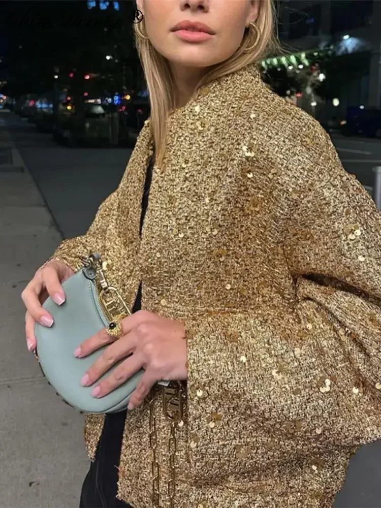 Sequin Casual Gold Coat Autumn Women Street Long Sleeve Stand Collar Female Jacket 2023 Fashion Single Breasted Lady Outwear
Sequin Casual Gold Coat Autumn Women Street Long Sleeve Stand Collar Female Jacket 2023 Fashion Single Breasted Lady Outwear