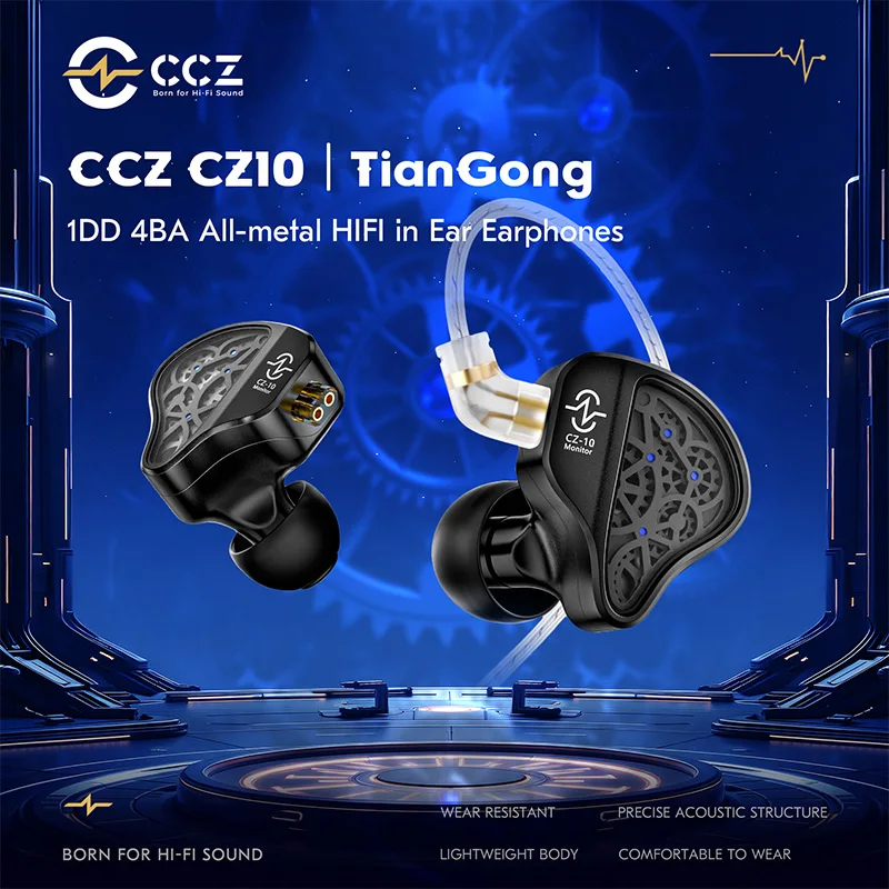 CCZ CZ10 1DD+4BA all-metal Hi-Fi in-ear monitor earphones, featuring a detachable 0.78mm 2-pin cable
CCZ CZ10 1DD+4BA all-metal Hi-Fi in-ear monitor earphones, featuring a detachable 0.78mm 2-pin cable