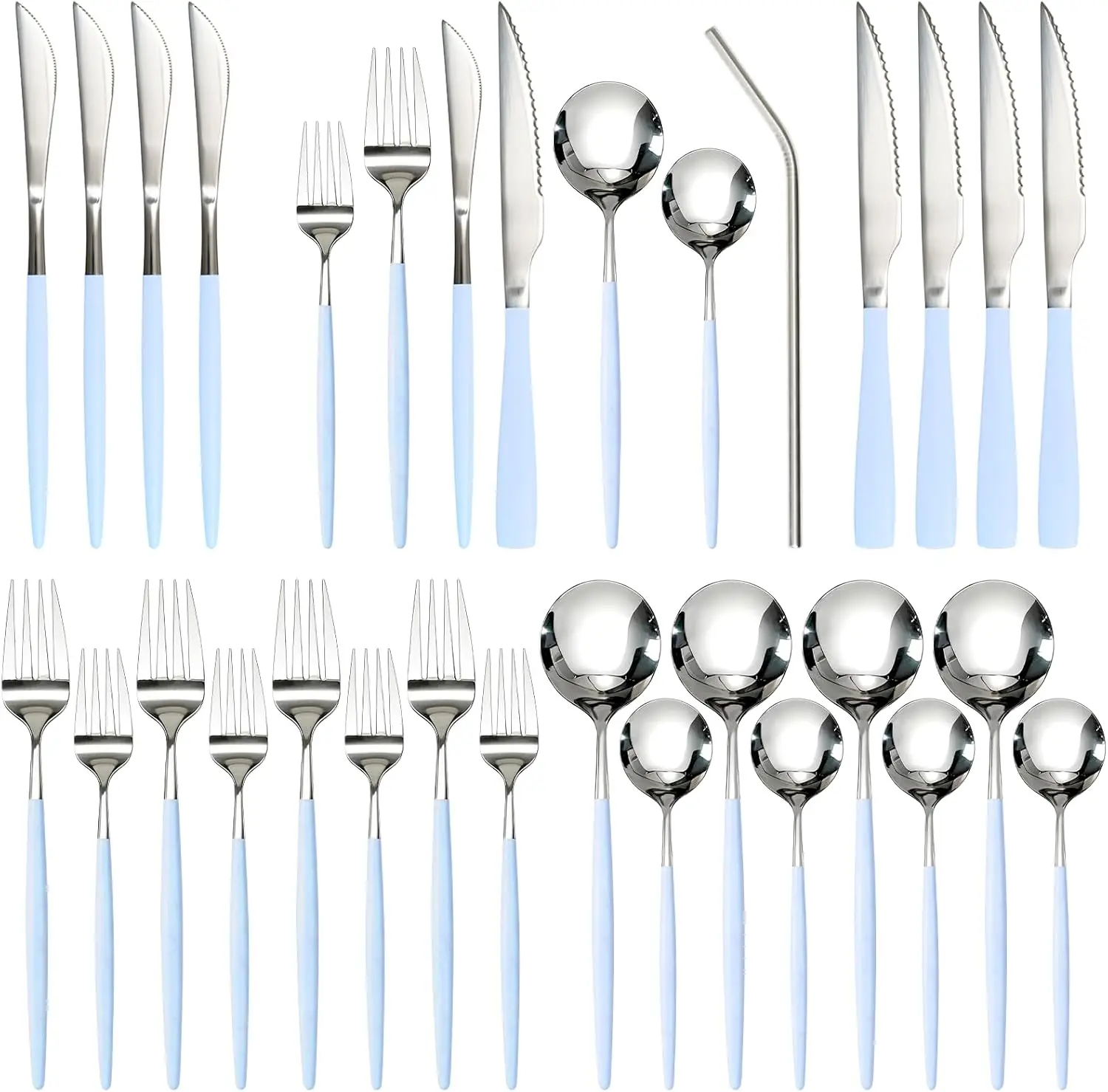 24-Piece Flatware Set with Steak Knives, Food-Grade Stainless Steel Blue Cutlery for 4, Mirror Polished Utensils Include Spoons & Forks
24-Piece Flatware Set with Steak Knives, Food-Grade Stainless Steel Blue Cutlery for 4, Mirror Polished Utensils Include Spoons & Forks