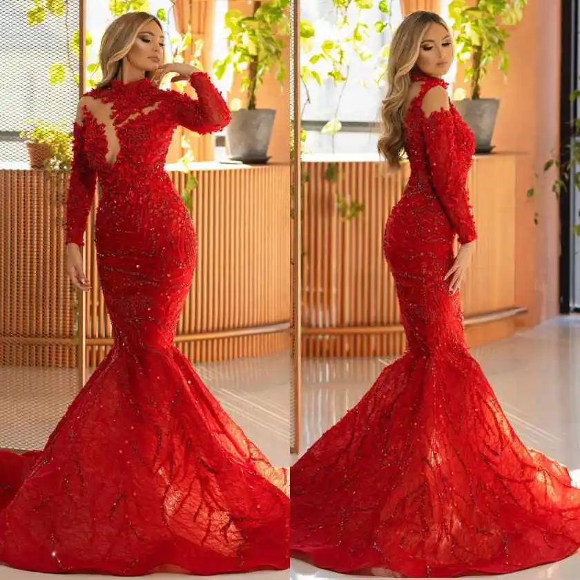 Red Long Sleeve Prom Dresses High Neck Vintage Lace Appliques Guest Gowns Plus Size Customized Beaded Formal Dress
Red Long Sleeve Prom Dresses High Neck Vintage Lace Appliques Guest Gowns Plus Size Customized Beaded Formal Dress