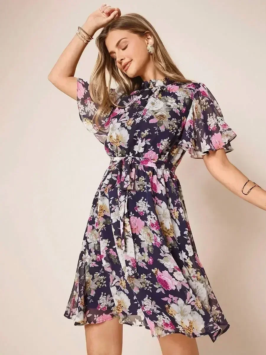 Floral Print Chiffon Belted Dress Women A-Line Short Sleeve Casual Summer Dress
Floral Print Chiffon Belted Dress Women A-Line Short Sleeve Casual Summer Dress