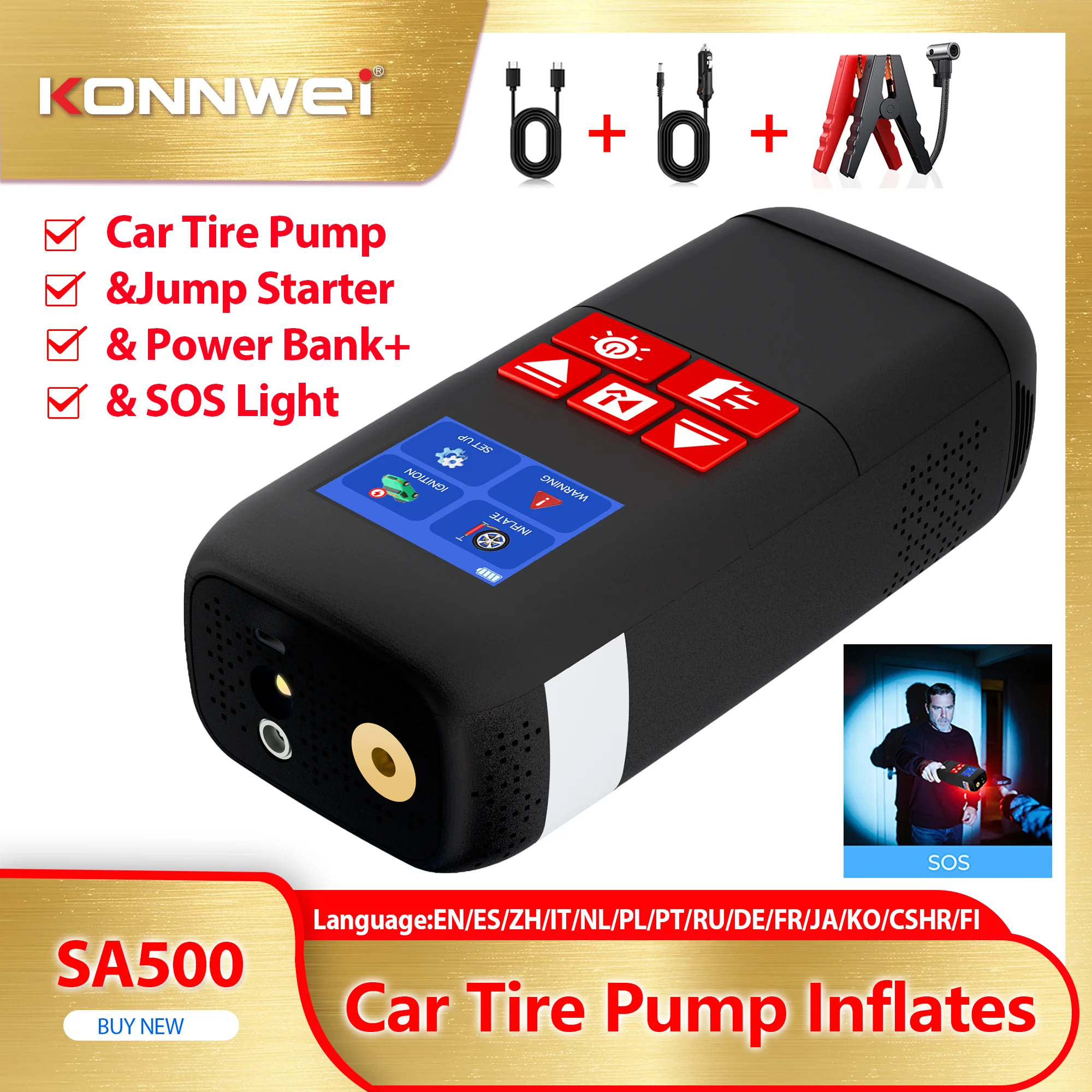 2026 KONNWEI SA500 4 in 1 Professional Car Tire Pump Inflates Power Bank Portable SOS Light Car Jump Starter 12V Car Tool Kits
2026 KONNWEI SA500 4 in 1 Professional Car Tire Pump Inflates Power Bank Portable SOS Light Car Jump Starter 12V Car Tool Kits