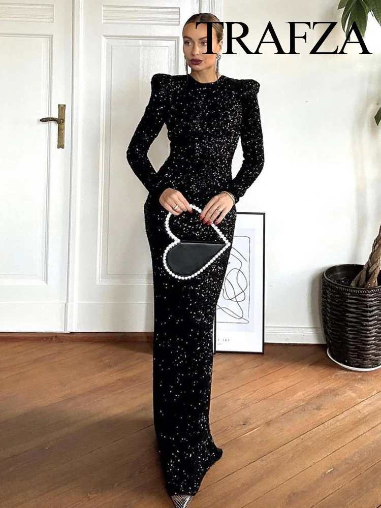 TRAFZA 2024 Women Chic Sequins Sexy Backless Long Sleeves Dresses Female Elegant Rear Long Dress Formal Prom Wedding Party Gowns
TRAFZA 2024 Women Chic Sequins Sexy Backless Long Sleeves Dresses Female Elegant Rear Long Dress Formal Prom Wedding Party Gowns
