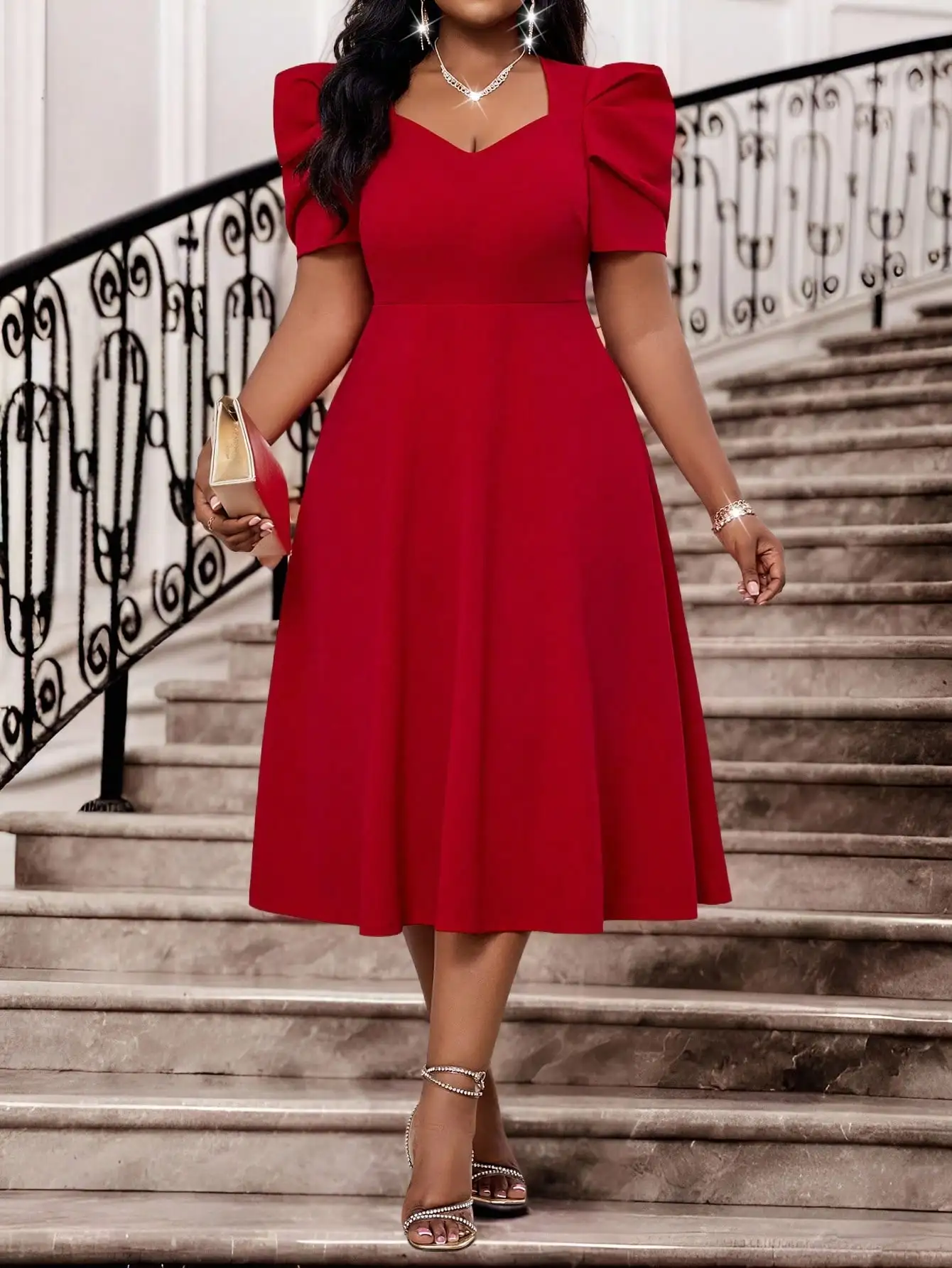 Красное миди-платье с пышными рукавами, V-образным вырезом и расклешенной юбкой А-силуэта для вечеринки или офиса
Красное миди-платье с пышными рукавами, V-образным вырезом и расклешенной юбкой А-силуэта для вечеринки или офиса