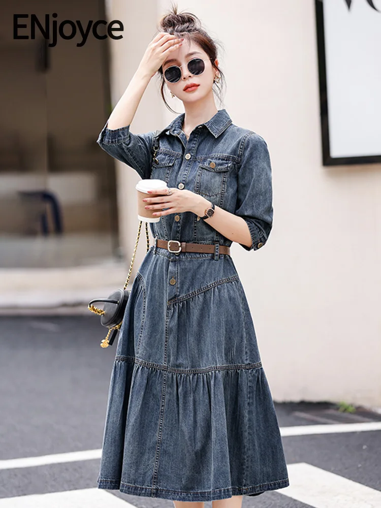2024 Spring Vintage Cropped Sleeve Denim Dresses with Belt Women Korean Fashion Workwear Ladies A-line Cotton Midi Dress
2024 Spring Vintage Cropped Sleeve Denim Dresses with Belt Women Korean Fashion Workwear Ladies A-line Cotton Midi Dress