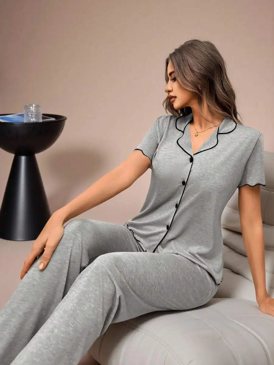 Womens V-Neck Short Sleeve Pajama Set Casual Sleepwear Thin Knit Loungewear
Womens V-Neck Short Sleeve Pajama Set Casual Sleepwear Thin Knit Loungewear