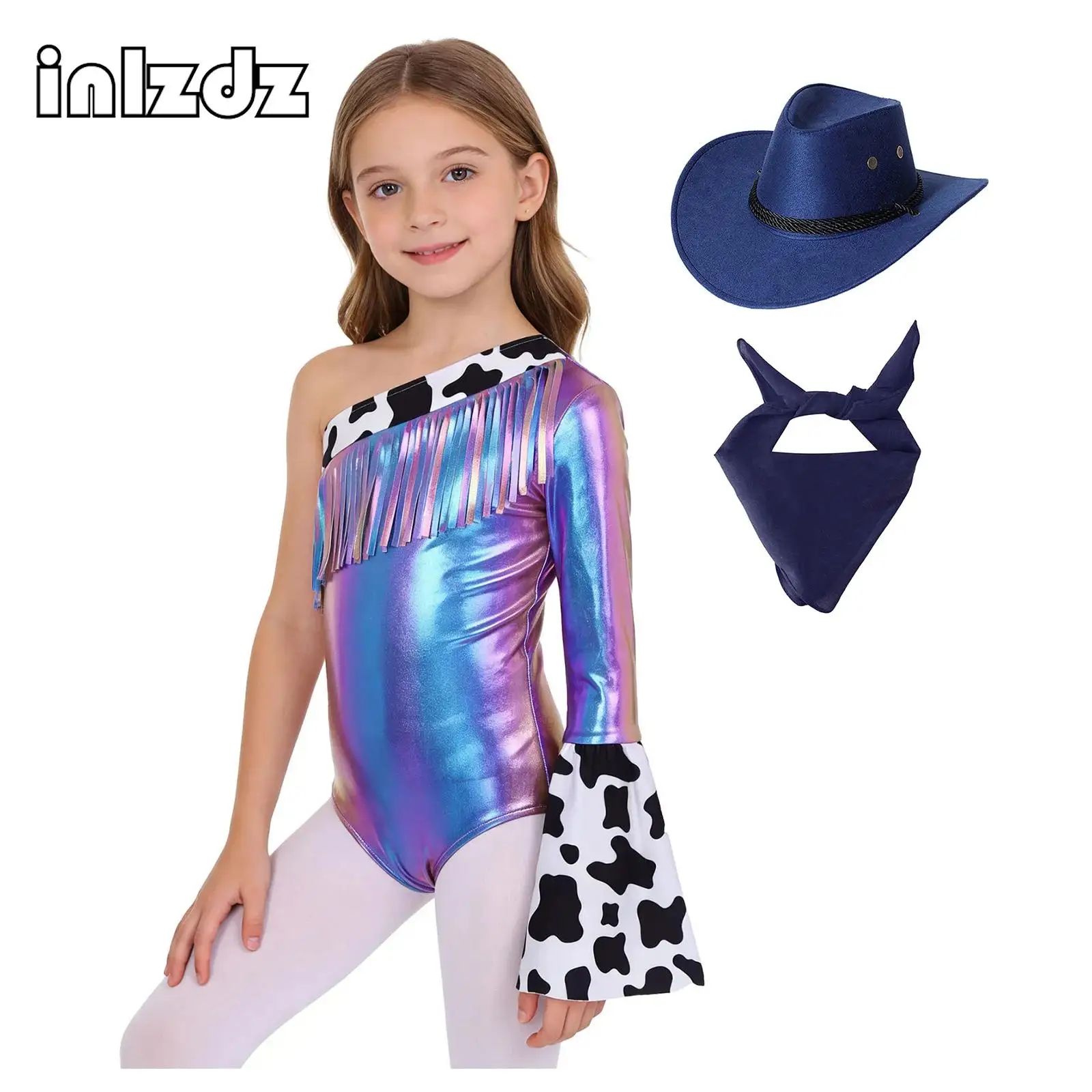 Girls Western Cowgirl Costume Left Long Flare Sleeve Fringed Metallic Bodysuit with Hat And Bandanna Set Halloween Cowboy Outfit
Girls Western Cowgirl Costume Left Long Flare Sleeve Fringed Metallic Bodysuit with Hat And Bandanna Set Halloween Cowboy Outfit