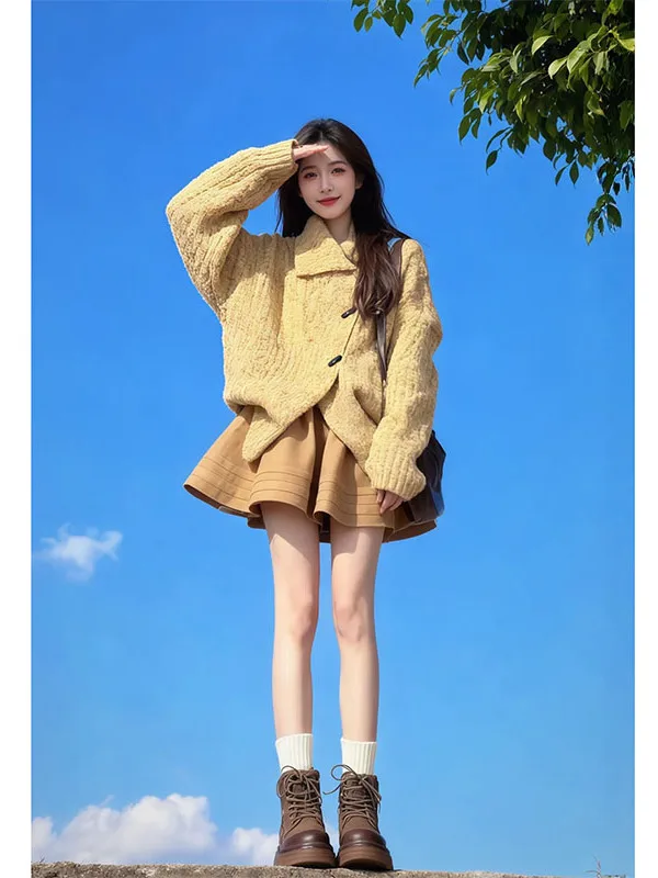 Autumn Winter Knitted Sweater And ort Skirt Two Piece Set Women's High Waist Flip Collar Button up Slimming Faion Ensemble
Autumn Winter Knitted Sweater And ort Skirt Two Piece Set Women's High Waist Flip Collar Button up Slimming Faion Ensemble